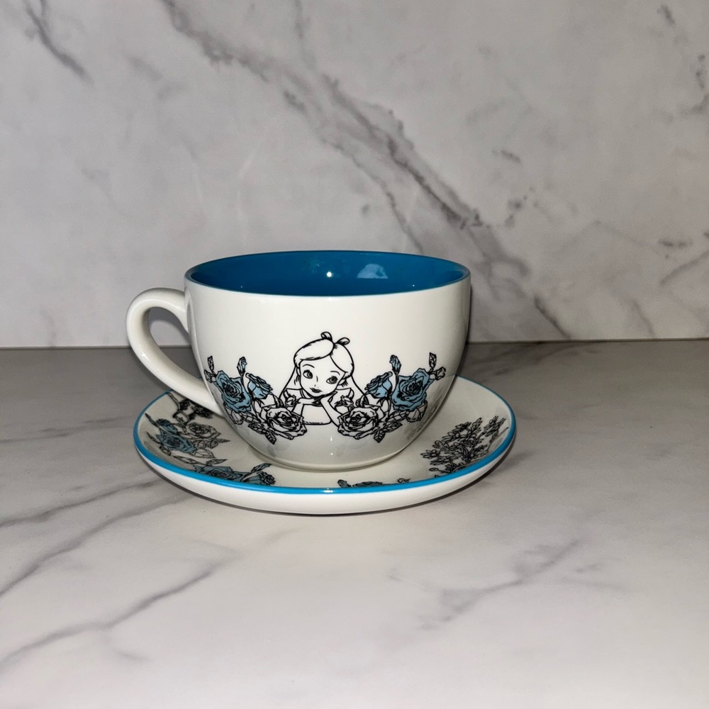 Blue and White Teacup and Saucer Set Alice In Wonderland Collection
